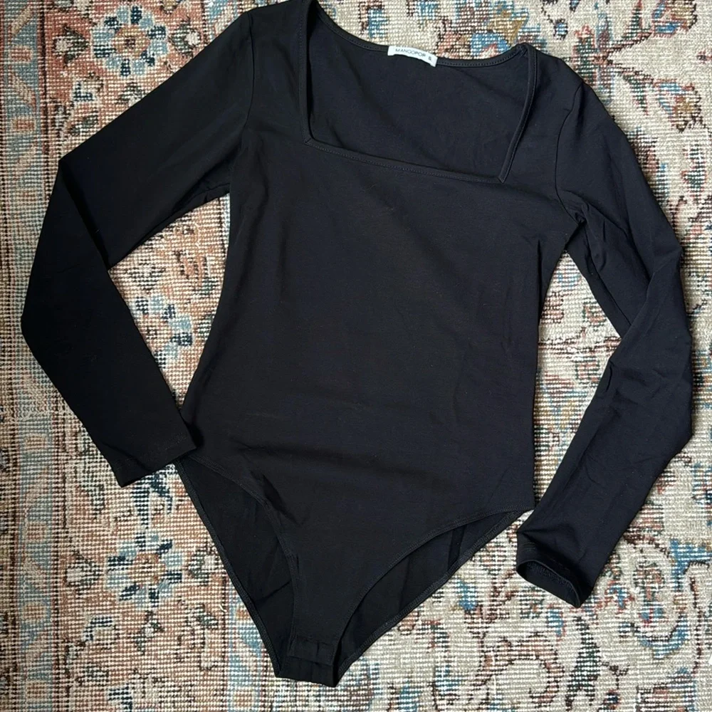 MANGOPOP Women's Square Neck Long Sleeve Bodysuit | Black | Small - Picture 3 of 9